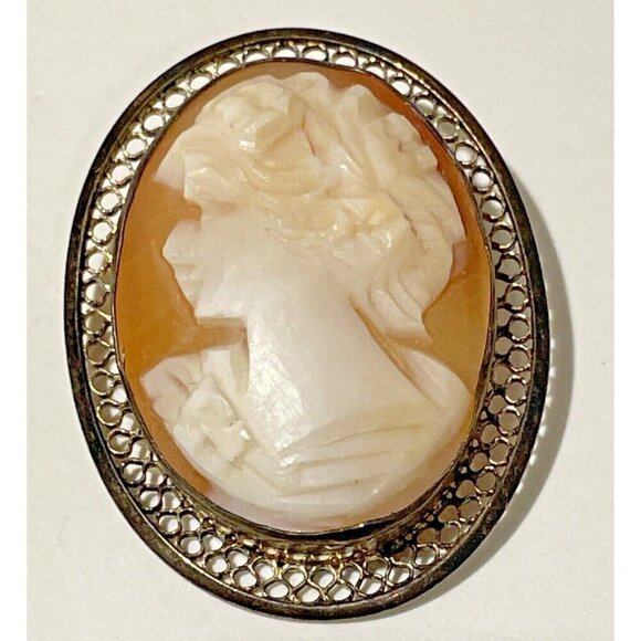 VINTAGE 1950s BEAU STERLING  CARVED SHELL MAIDEN LADY CAMEO PIN BROOCH PENDANT - Picture 1 of 6